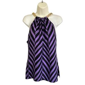 NEW Milly New York Silk Gold Chain Halter Top Purple Black Chevron Women's 6